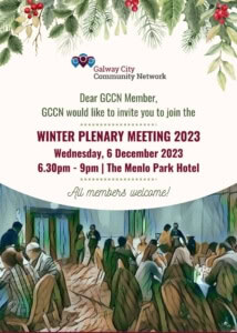Invitation to the GCCN Winter Plenary 2023 on December 6 from 6.30pm in the Menlo Park Hotel. All members Welcome. The image includes GCCN members attending a previous Plenary.