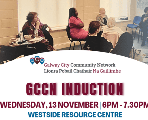 Picture of GCCN members attending a previous meeting, including the GCCN logo and information on the upcoming GCCN induction on Wednesday, 13 November, 6:00 PM - 7:30 PM, Westside Resource Centre.