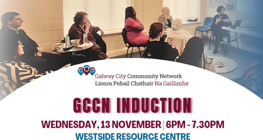 Picture of GCCN members attending a previous meeting, including the GCCN logo and information on the upcoming GCCN induction on Wednesday, 13 November, 6:00 PM - 7:30 PM, Westside Resource Centre.