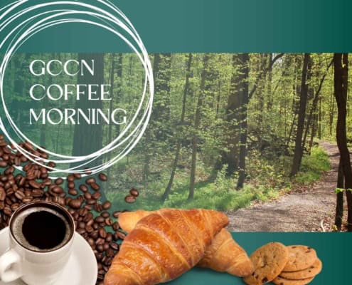 A picture of two cups of coffee, with coffee beans and pastries and a woodland path in the background.
