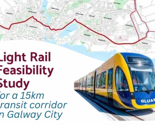 Image of a map of Galway City showing the suggested Light Rail Corridor and an image of a Light Rail Carriage.