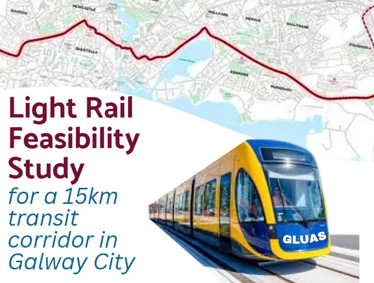 Image of a map of Galway City showing the suggested Light Rail Corridor and an image of a Light Rail Carriage.